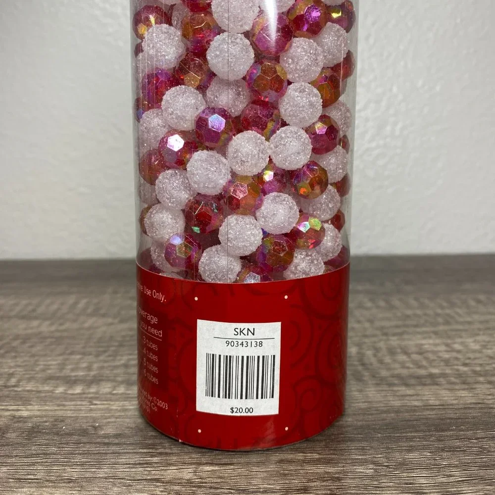 Home For The Holidays 20 Foot Iridescent Red Frosted White Beaded Garland New IP
